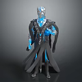 Mystical Humanoid Character Creature With Blue Glowing Ornamental Armor And Flowing Cloak