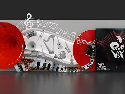 Creative Event Display Wall With Musical Notes Piano Keys Horn Globe And Vox Logo 3d model