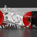 Creative Event Display Wall With Musical Notes Piano Keys Horn Globe And Vox Logo