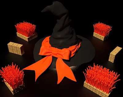 Black Witch Hat With Orange Bow Surrounded By Red Straw Bundles And Bricks 3d model Black Witch Hat With Orange Bow Surrounded By Red Straw Bundles And Bricks 3d model