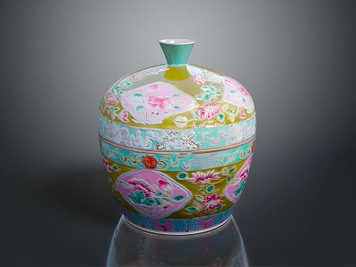 Elegant Colorful Ceramic Vessel With Intricate Sculpted Floral Patterns And Lid 3d model