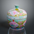 Elegant Colorful Ceramic Vessel With Intricate Sculpted Floral Patterns And Lid
