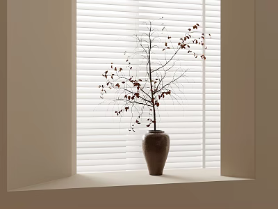 Bonsai Plant With Red Leaves In Ceramic Pot On Window Sill Against White Blinds 3d model