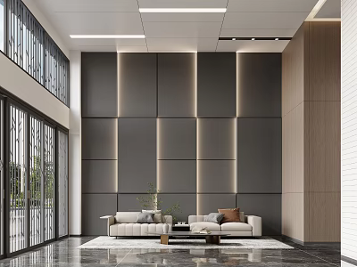 Spacious Modern Hotel Lobby Interior With Paneled Walls Glass Windows And Comfortable Sofas 3d model