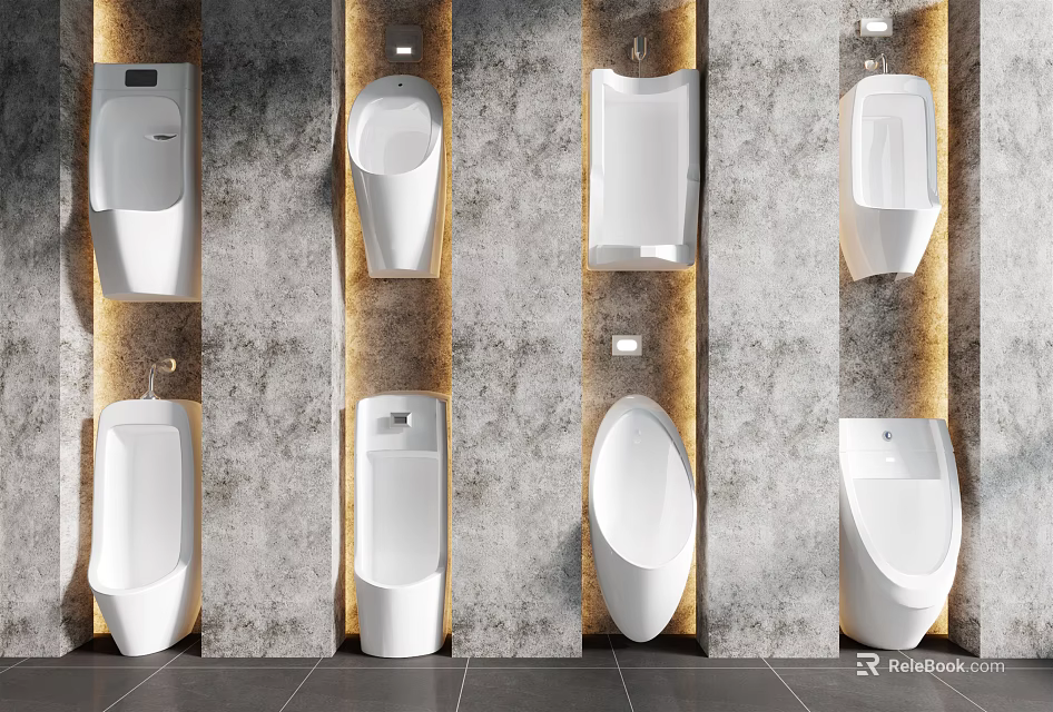 Sleek Modern White Urinals Vertically Mounted On Textured Concrete Bathroom Walls 3d model 