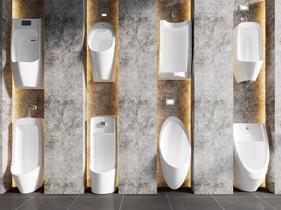 Sleek Modern White Urinals Vertically Mounted On Textured Concrete Bathroom Walls 3d model