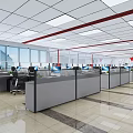 Bright Public Office Space with Office Cubicles Computers Large Windows and Potted Plants 3d model