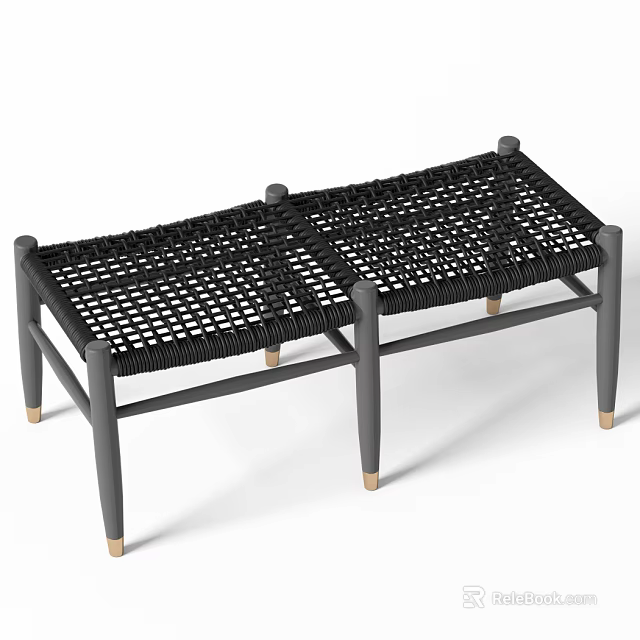 Black Woven Rattan Bench With Gray Wooden Legs And Modern Minimalist Design 3d model 