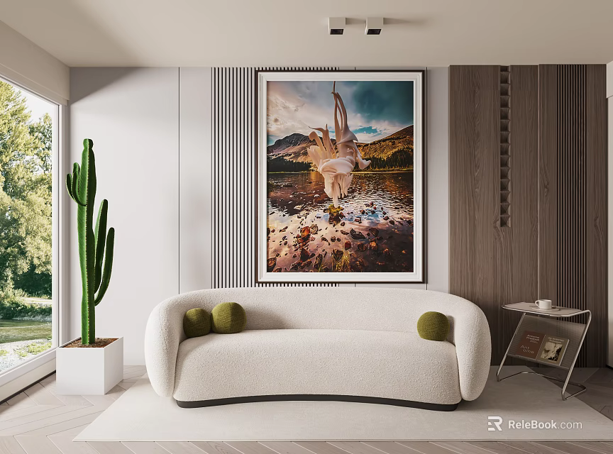Modern Living Room Interior With White Curved Sofa Green Cushions Large Landscape Artwork And Cactus 3d model 