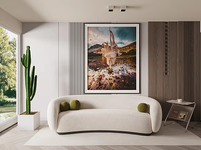 Modern Living Room Interior With White Curved Sofa Green Cushions Large Landscape Artwork And Cactus 3d model