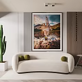 Modern Living Room Interior With White Curved Sofa Green Cushions Large Landscape Artwork And Cactus