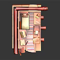 Cartoon Style Log Cabin Interior With Cozy Bed Table Chair And Colorful Rug