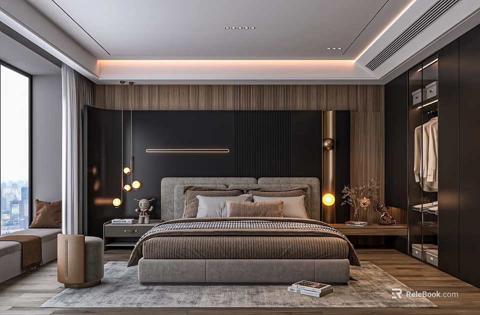 Modern Elegant Bedroom Interior Design With Upholstered Headboard Bed Nightstands And Pendant Lights 3d model 