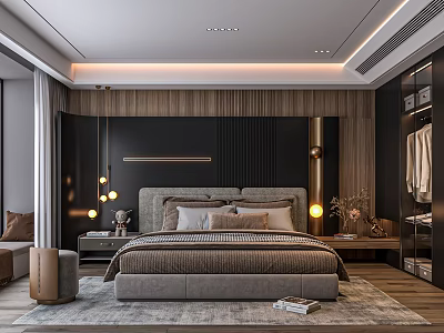 Modern Elegant Bedroom Interior Design With Upholstered Headboard Bed Nightstands And Pendant Lights 3d model
