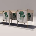 Modern Display Shelves With Metal Frame Green Circular Patterns And Beige Awning