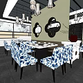 Modern Restaurant Interior With Blue White Patterned Chairs Pendant Lights And Dining Tables 3d model