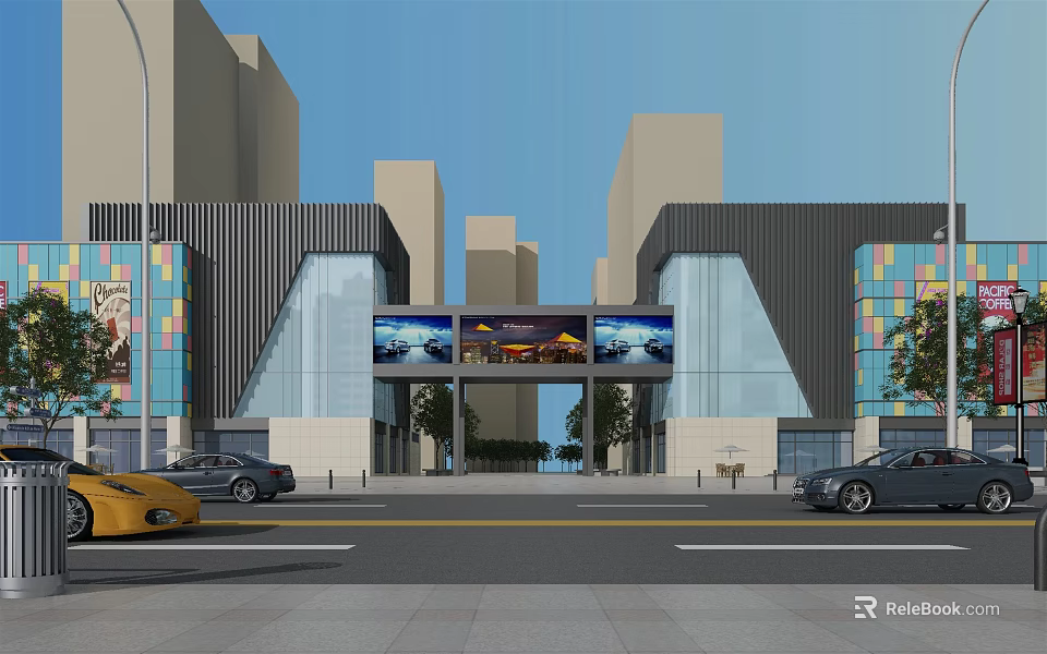 Modern Commercial Entrance Gate With Large Digital Screens Colorful Facade And Street View 3d model 