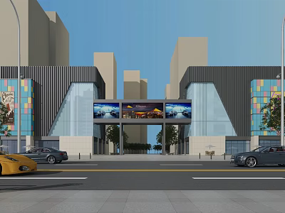 Modern Commercial Entrance Gate With Large Digital Screens Colorful Facade And Street View 3d model