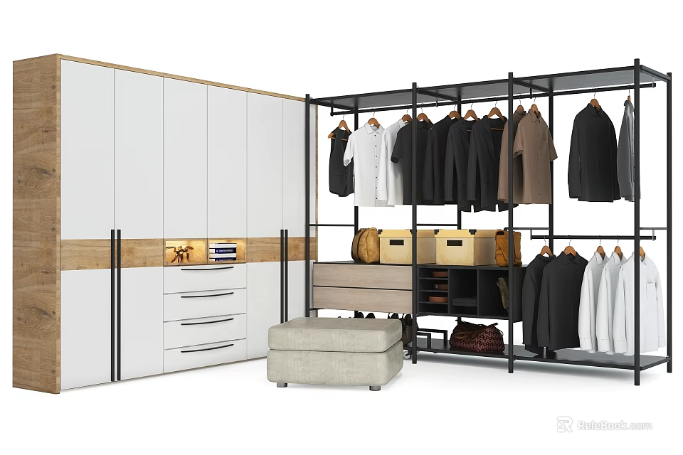 Modern Wardrobe Interior Design With Wooden White Doors Hanging Rods Storage Boxes And Stool 3d model 