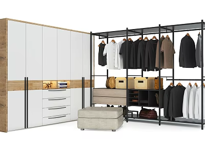 Modern Wardrobe Interior Design With Wooden White Doors Hanging Rods Storage Boxes And Stool 3d model