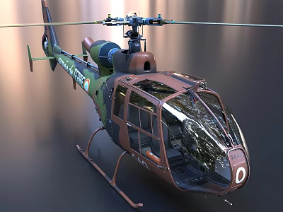 Military Green Brown Helicopter With Transparent Cockpit Rotor Blades And Skid Landing Gear 3d model