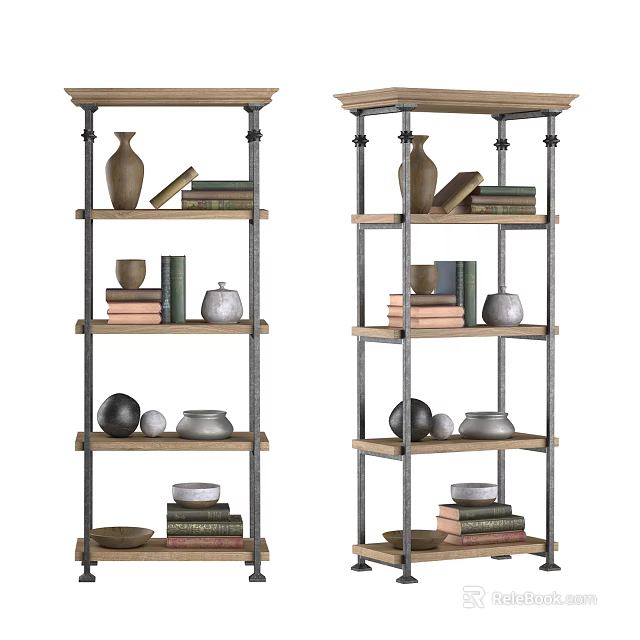 Functional Multi tiered Bookshelf With Wooden Metal Frame And Decorative Books Vases Bowls 3d model 