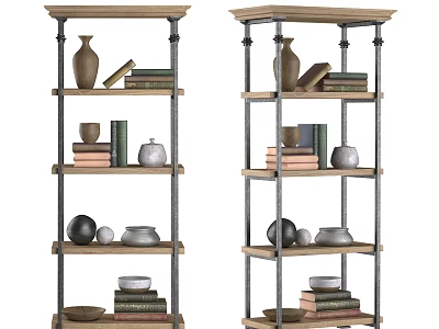 Functional Multi tiered Bookshelf With Wooden Metal Frame And Decorative Books Vases Bowls 3d model