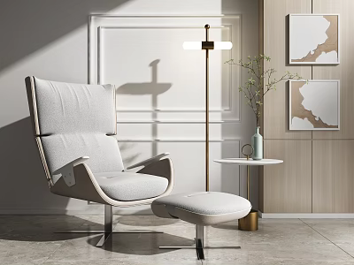 Modern Elegant Lounge Chair with Ottoman Floor Lamp and Abstract Artwork in Neutral Tones 3d model