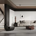Modern Living Room Interior With Beige Sofa Black Armchair Coffee Table And Floor Lamp