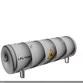 Silver Gray Cylindrical Industrial Tank With Yellow Hazard Warning Sign And Support Legs