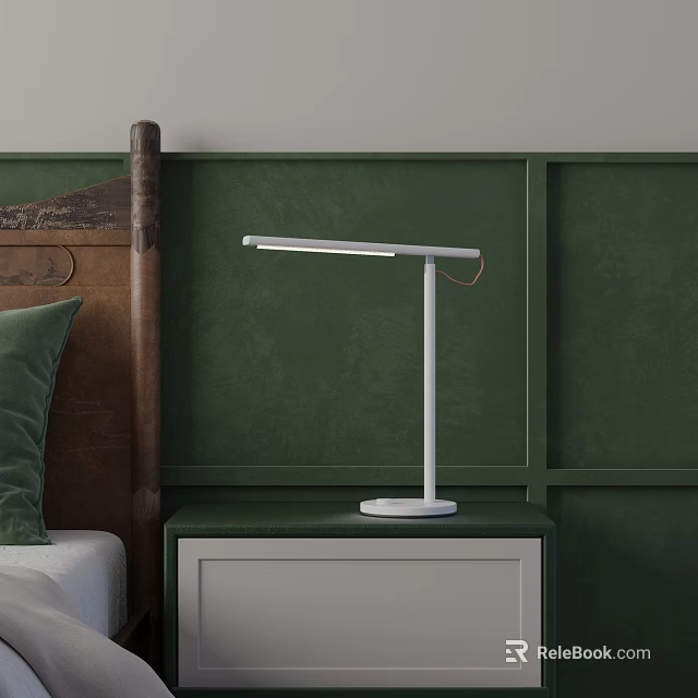 Sleek White Table Lamp On Green Nightstand Against Green Wall With Wooden Headboard 3d model 