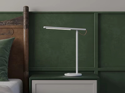 Sleek White Table Lamp On Green Nightstand Against Green Wall With Wooden Headboard 3d model