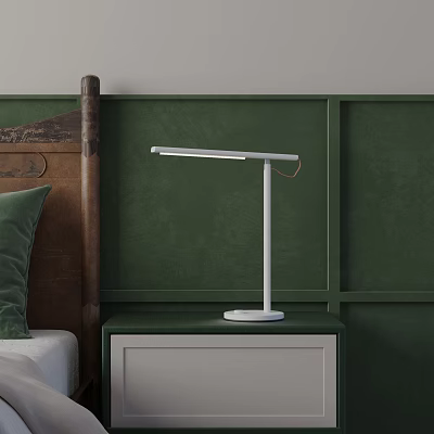 Sleek White Table Lamp On Green Nightstand Against Green Wall With Wooden Headboard 3d model