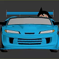 Blue Sporty Convertible Racing Car With Cartoon Character Driver And Rear Spoiler