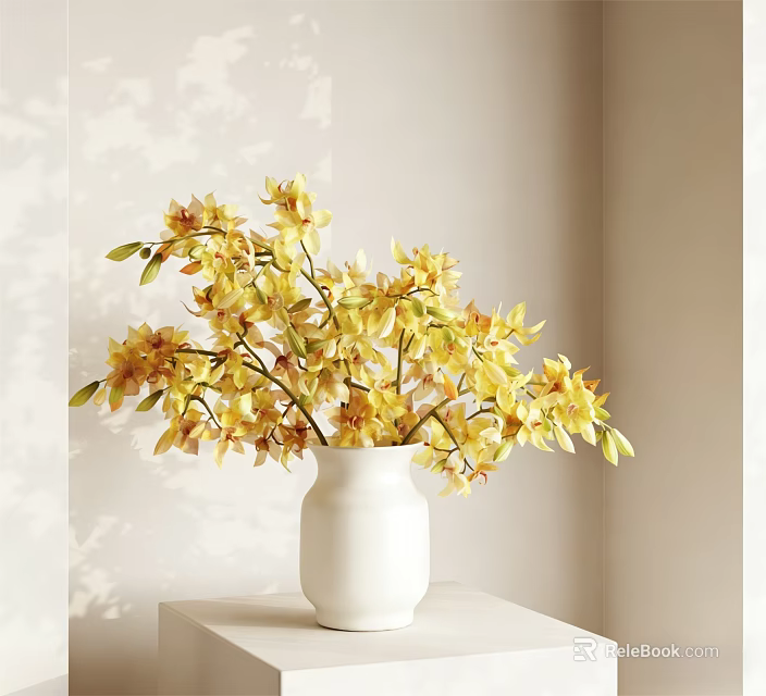 Decorative White Ceramic Vase Holding Yellow Flowers On White Tabletop In Light Room 3d model 