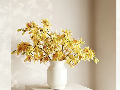 Decorative White Ceramic Vase Holding Yellow Flowers On White Tabletop In Light Room 3d model