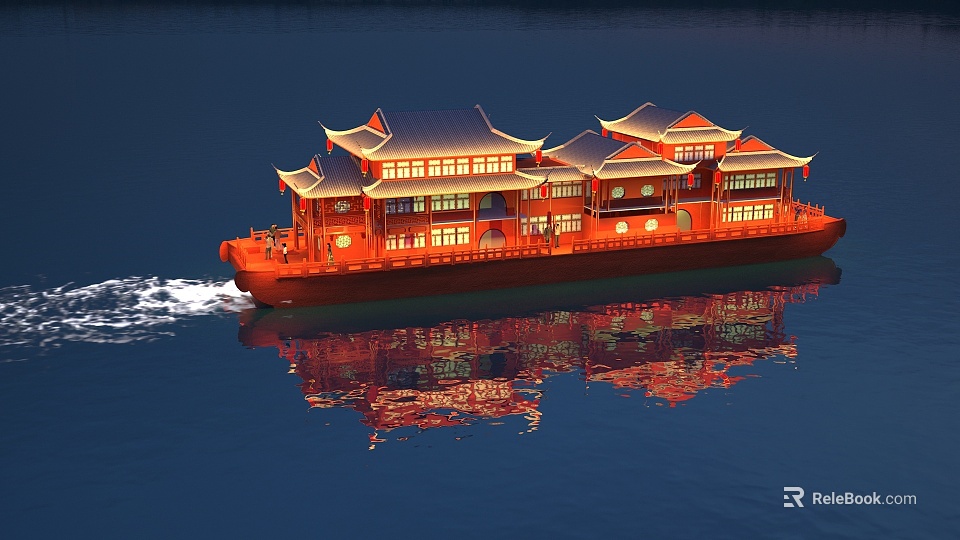Traditional Red Ship with Chinese Architectural Style Roofs Sailing on Calm Water with Clear Reflection 3d model 