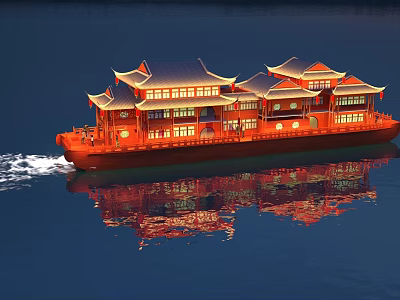 Traditional Red Ship with Chinese Architectural Style Roofs Sailing on Calm Water with Clear Reflection 3d model