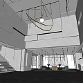 Elegant Modern Sales Office Interior Space With Gold Ring Chandelier Staircase And Sofa Area