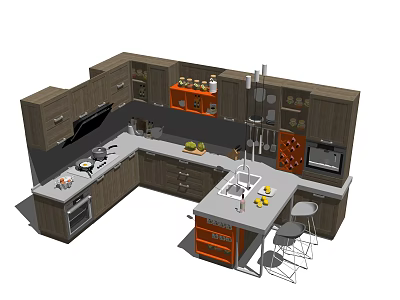 Modern Kitchen With Wooden Cabinets Island Countertop Fresh Fruits And Appliances 3d model