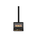 Modern Black Fireplace With Glass Door And Burning Flames Below Stacked Firewood Design
