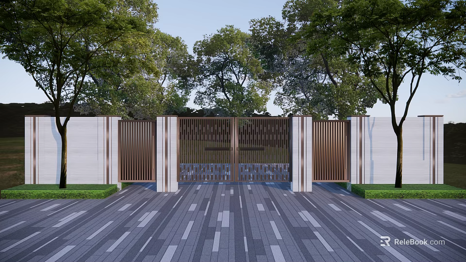 Modern Entrance Gate With Metal Grille Design And Surrounding Trees On Paved Ground 3d model 