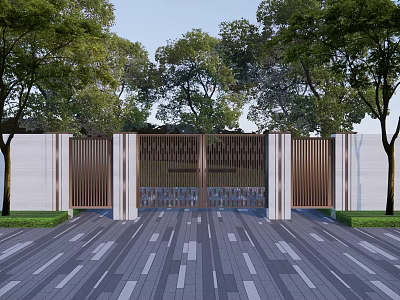 Modern Entrance Gate With Metal Grille Design And Surrounding Trees On Paved Ground 3d model