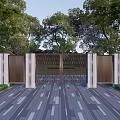 Modern Entrance Gate With Metal Grille Design And Surrounding Trees On Paved Ground