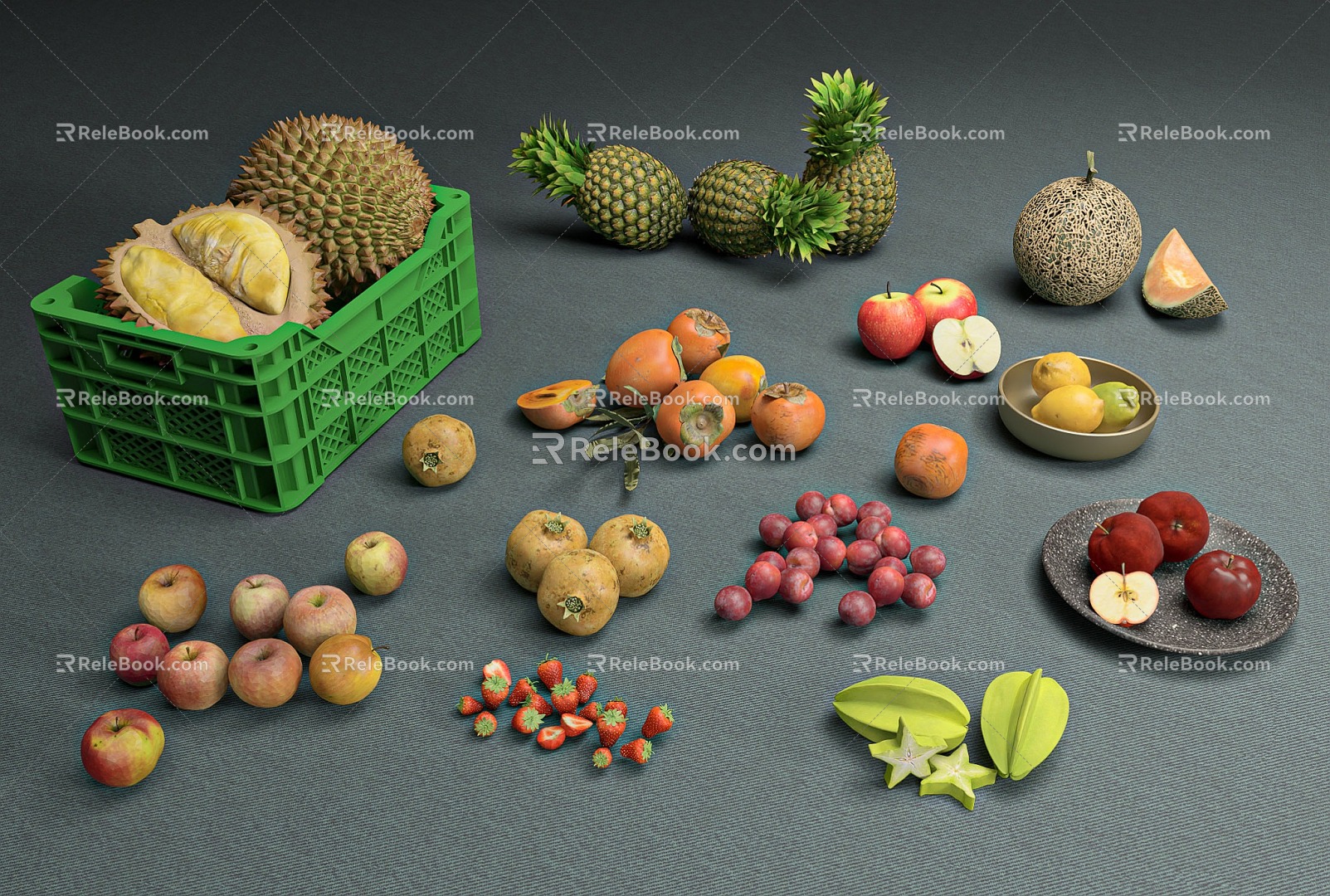 Modern Fruit Fruit Basket Fruit Plate Plastic Basket Durian Pineapple Apple Hami Melon Carambola 3d model