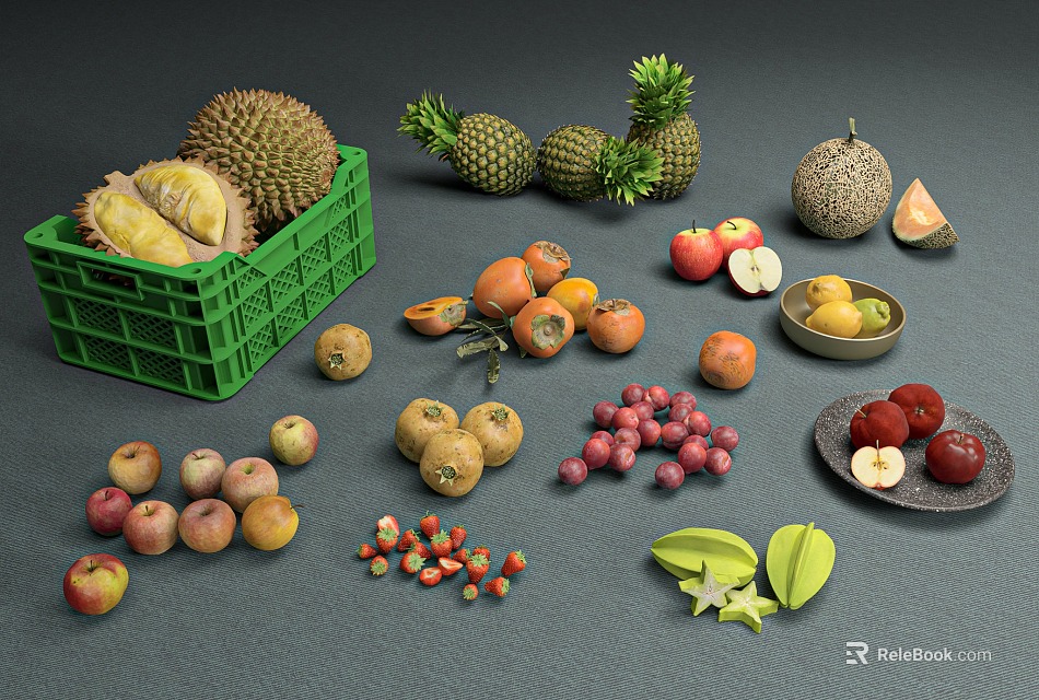 Assorted Fresh Fruits Display With Durian Pineapple Apples Oranges Starfruit And Cantaloupe 3d model 