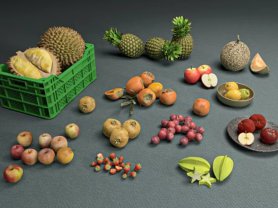 Assorted Fresh Fruits Display With Durian Pineapple Apples Oranges Starfruit And Cantaloupe 3d model