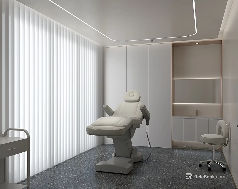Beauty Salon Interior With White Beauty Bed White Cabinets Blinds Gray Floor Tiles And Chair 3d model 