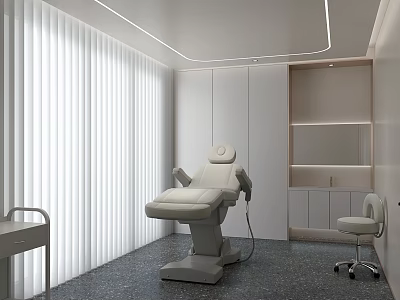 Beauty Salon Interior With White Beauty Bed White Cabinets Blinds Gray Floor Tiles And Chair 3d model