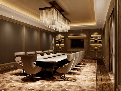 Luxury Conference Room Interior Design With Large Table Crystal Chandelier Wooden Bookcases And Patterned Carpet 3d model